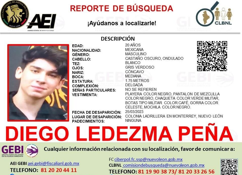 Buscan a joven desaparecido al sur de Monterrey